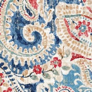 Tailored Valance in Pisces Multi Weathered Paisley- Large Scale- Blue, Red, Aqua, Sand