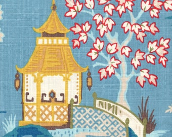 Round Tablecloth in Shoji Azure Blue Oriental Toile, Multicolor Chinoiserie