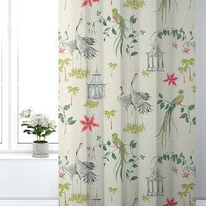 Pinch Pleated Curtain Panels Pair in Let It Crane Avocado Green Oriental Toile, Multicolor Chinoiserie