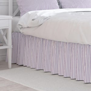 Gathered Bed Skirt in Classic Orchid Lavender Ticking Stripe on White
