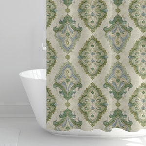 Shower Curtain in Queen Bay Green, Blue Medallion Watercolor- Large Scale