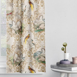 Tailored Tier Cafe Curtain Panels Pair in Wayward Natural Bird Toile - Large Scale