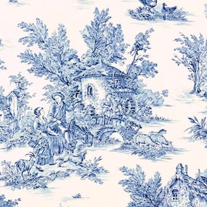 Scalloped Valance in Pastorale #2 Blue on Cream French Country Toile
