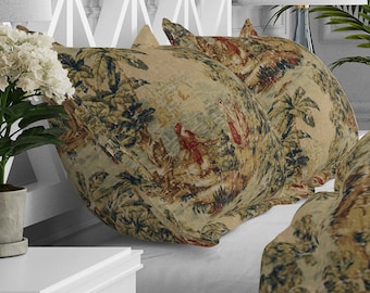 May include: Two decorative throw pillows with a beige background and a colorful floral pattern. The pillows feature a repeating pattern of flowers, leaves, and birds.
