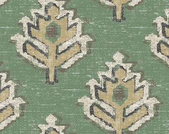 May include: A seamless pattern featuring a stylized leaf design in shades of beige, brown, and black on a green background. The pattern has a textured, woven look.