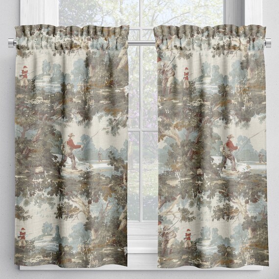 Tailored Tier Cafe Curtain Panels Pair in Avondale Vintage Sportsman Toile  Hunting, Fishing 