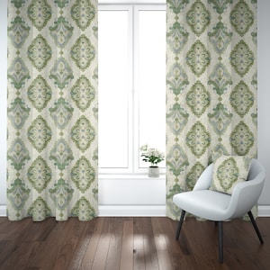 Rod Pocket Curtain Panels Pair in Queen Bay Green, Blue Medallion Watercolor- Large Scale