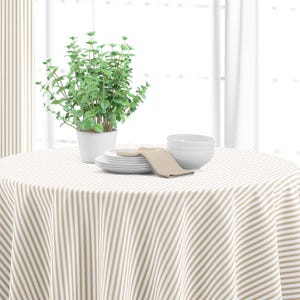 Round Tablecloth in Berlin Sand Beige Ticking Stripe on Cream
