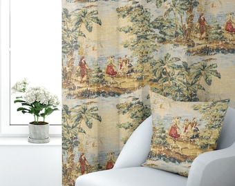 Rod Pocket Curtain Panels Pair in Bosporus Billiard Renaissance Toile- Blue, Green, Gold, Red