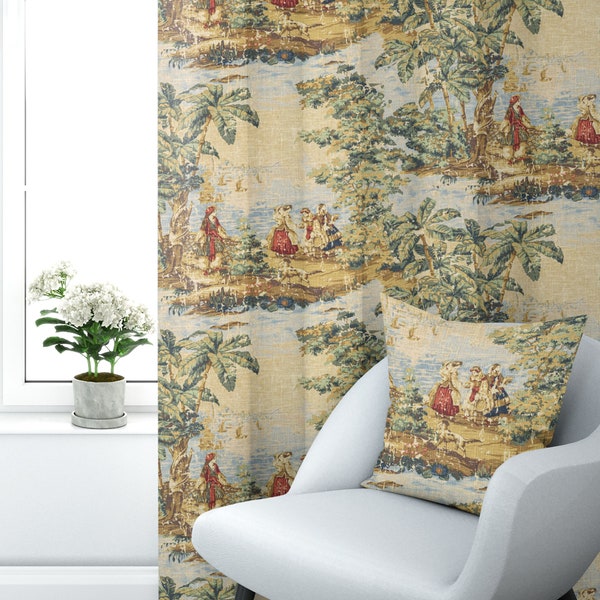 Rod Pocket Curtain Panels Pair in Bosporus Billiard Renaissance Toile- Blue, Green, Gold, Red