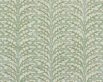 Custom Shower Curtain in Spencer Tendril Green and Pale Blue on Slub Linen Natural