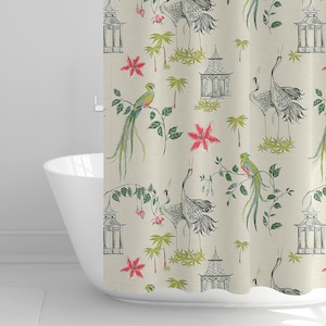 Shower Curtain in Let It Crane Avocado Green Oriental Toile, Multicolor Chinoiserie
