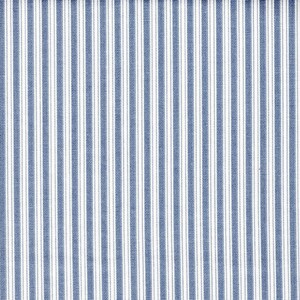 May include: A close-up of a fabric with a blue and white striped pattern. The stripes are vertical and evenly spaced, creating a classic and clean design. The fabric appears to be a woven material, possibly cotton or linen.