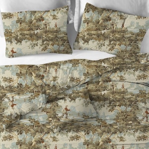 May include: A beige and brown patterned duvet cover with a repeating design of trees, a river, and people fishing. The duvet cover is made of a soft, comfortable fabric and is perfect for adding a touch of nature to your bedroom.