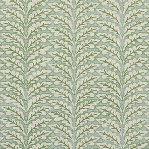 May include: A repeating pattern of stylized leaves in white and green against a light blue background. The leaves are arranged in vertical rows, creating a textured, organic design. The pattern is suitable for fabric or wallpaper.
