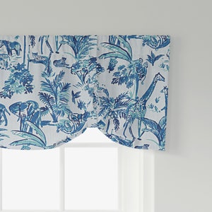 Tie-up Valance in Meru Commodore Blue, Cancun Blue Safari Animal Toile