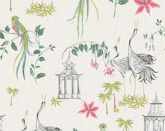 Fabric Cut Yardage in Let It Crane Avocado Green Oriental Toile, Multicolor Chinoiserie