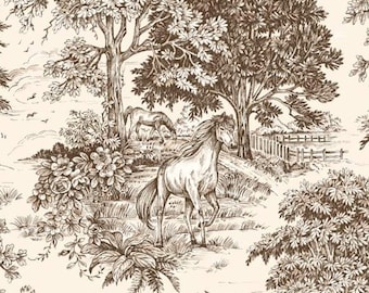 Fabric Cut Yardage in Yellowstone Driftwood Brown Country Toile- Horses, Deer, Dogs- Large Scale