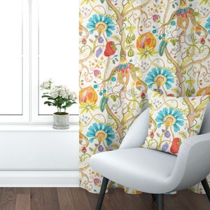 Tab Top Curtain Panels Pair in Tudor Summer Jacobean Floral, Tree of Life, Large Scale Multi-Color