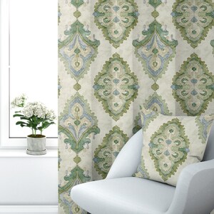 Tab Top Curtain Panels Pair in Queen Bay Green, Blue Medallion Watercolor- Large Scale