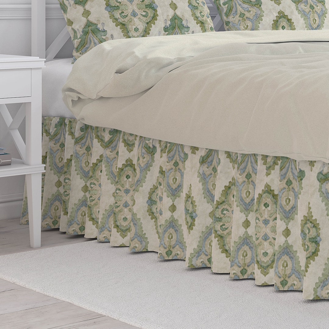 Gathered Bed Skirt in Queen Bay Green, Blue Medallion Watercolor