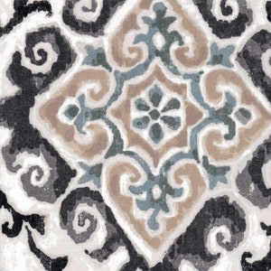 Tailored Bed Skirt in Feabhra Slate Gray Diamond Medallion- Blue, Tan, Large Scale