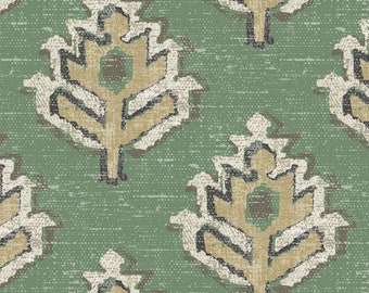 May include: A seamless pattern featuring a stylized leaf design in shades of beige, brown, and black on a green background. The pattern has a textured, woven look.
