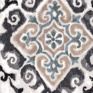 Empress Swag Valance in Feabhra Slate Gray Diamond Medallion- Blue, Tan, Large Scale