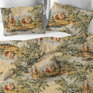 May include: A set of bedding featuring a vintage floral pattern with a repeating design of people in a garden setting. The bedding is in shades of beige, green, and brown.