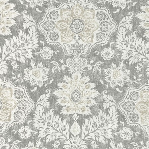 Scalloped Valance in Belmont Mist Pale Gray Damask Floral, Lined- Gray, Stone, Beige
