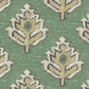 May include: A seamless pattern featuring a stylized leaf design in shades of beige, brown, and black on a green background. The pattern has a textured, woven look.