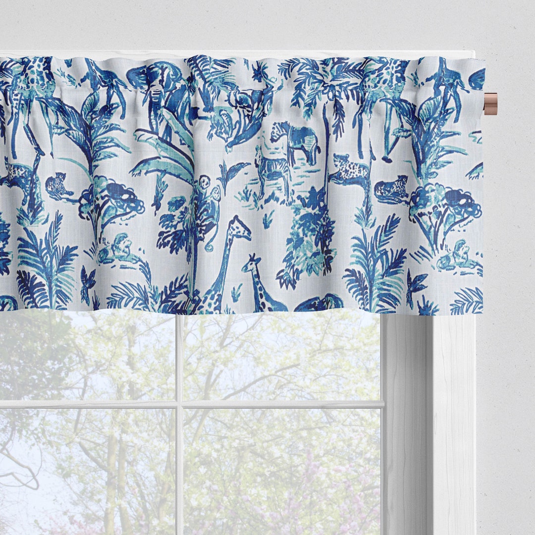 Tailored Valance in Meru Commodore Blue, Cancun Blue Safari Animal ...