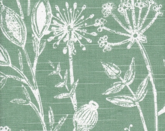 May include: A green fabric with a white floral pattern. The pattern features stylized flowers, leaves, and seed pods.