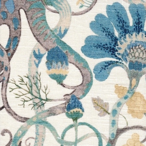 May include: Close-up of a fabric with a floral pattern. The design features large blue flowers, teal stems, and gray and teal serpentine shapes against a white background. The fabric has a textured appearance.