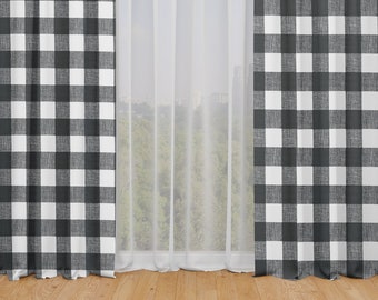 Rod Pocket Curtain Panels Pair in Anderson Black Buffalo Check Plaid