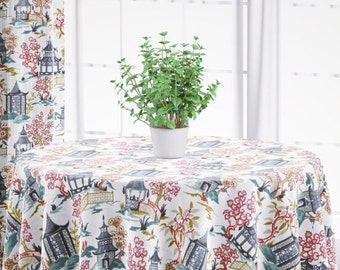 Round Tablecloth in Shoji Summer Oriental Toile, Multicolor Chinoiserie