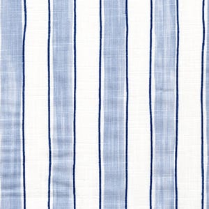 May include: White fabric with blue and light blue vertical stripes. The fabric has a subtle texture.