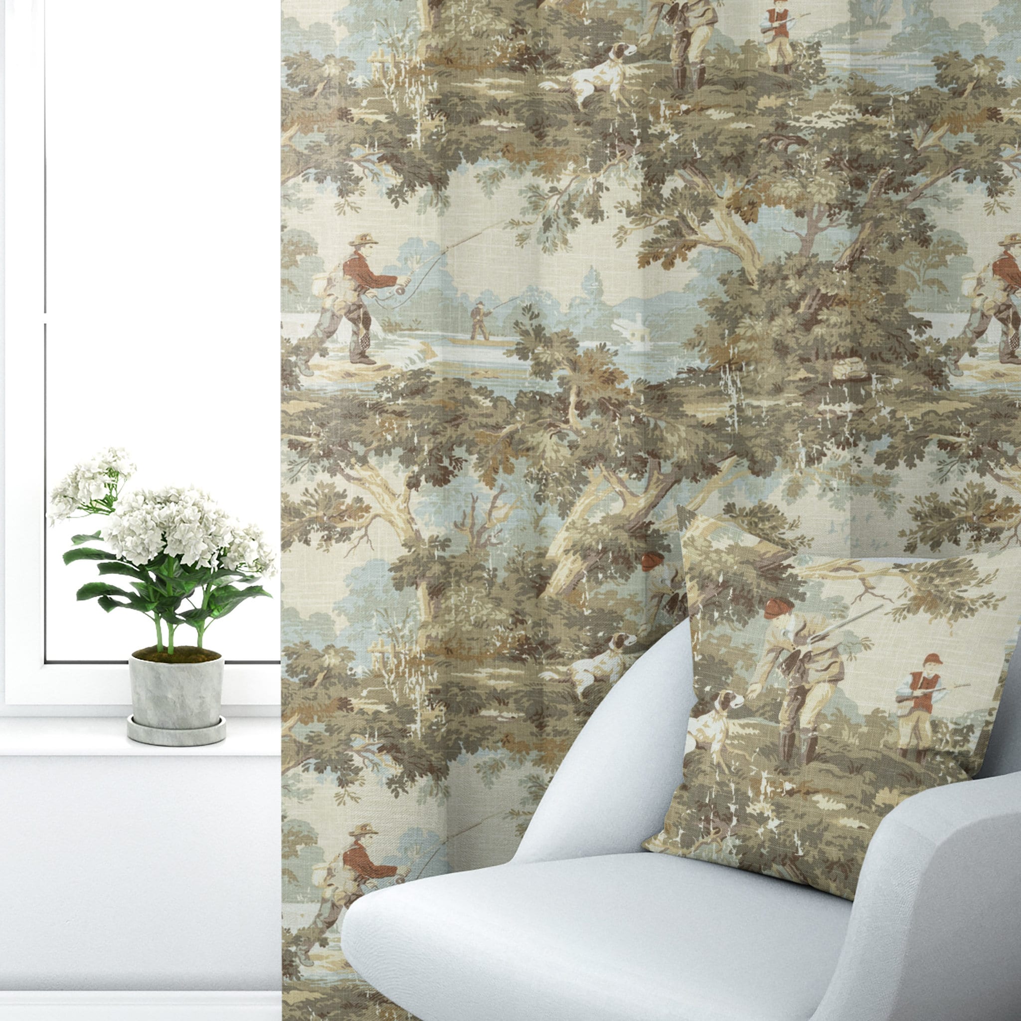 Rod Pocket Curtain Panels Pair in Avondale Vintage Sportsman Toile- Hunting, Fishing
