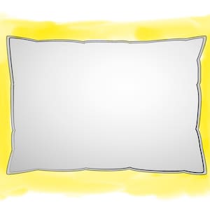 May include: A white pillow with a gray border, sitting on a yellow background.
