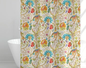 May include: A shower curtain with a colorful floral pattern. The pattern features a variety of flowers, fruits, and leaves in shades of red, orange, yellow, green, blue, and purple. The background is a light cream color.