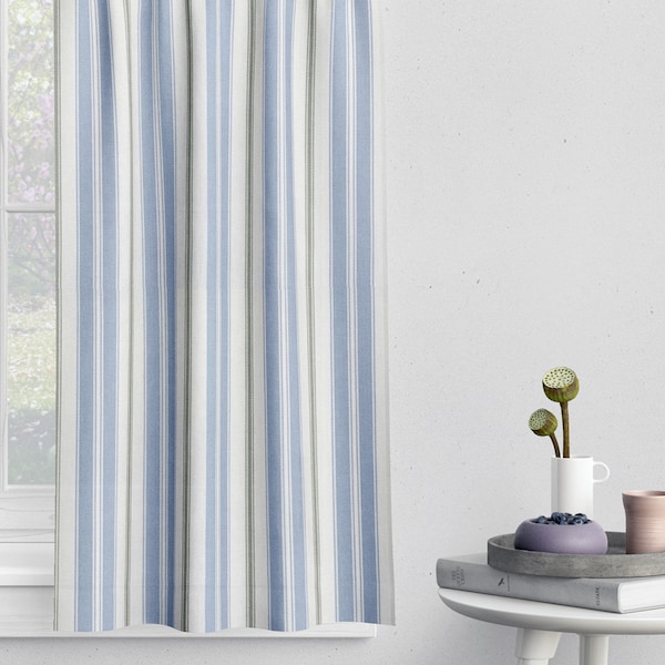 Tailored Tier Cafe Curtain Panels Pair in Newbury Antique Blue Stripe- Blue, Green, White