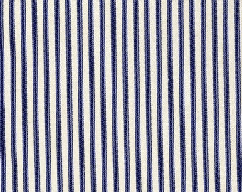 Round Tablecloth in Farmhouse Dark Blue Ticking Stripe on Cream