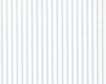 May include: White fabric with thin, evenly spaced blue stripes. The fabric has a subtle texture.