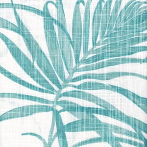 May include: Teal blue palm leaf pattern on a white linen fabric background.