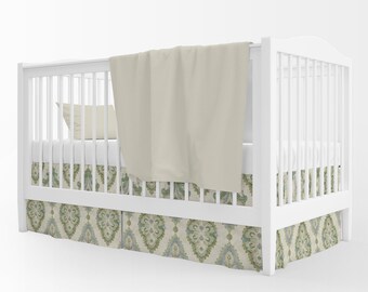 Tailored Crib Skirt in Queen Bay Green, Blue Medallion Watercolor- Large Scale