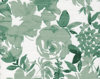 May include: A seamless pattern featuring a green watercolor floral design on a white background. The design features large and small flowers, leaves, and stems.