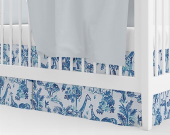 Tailored Crib Skirt in Meru Commodore Blue, Cancun Blue Safari Animal Toile