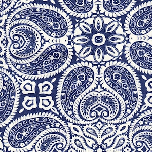 Scalloped Valance in Tibi Navy Blue Geometric Paisley Bandana