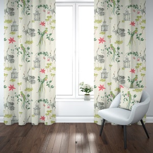 Tab Top Curtain Panels Pair in Let It Crane Avocado Green Oriental Toile, Multicolor Chinoiserie