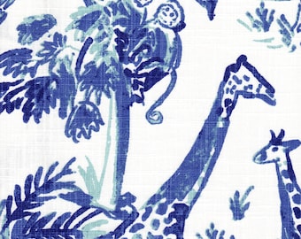 Fabric Cut Yardage in Meru Commodore Blue, Cancun Blue Safari Animal Toile